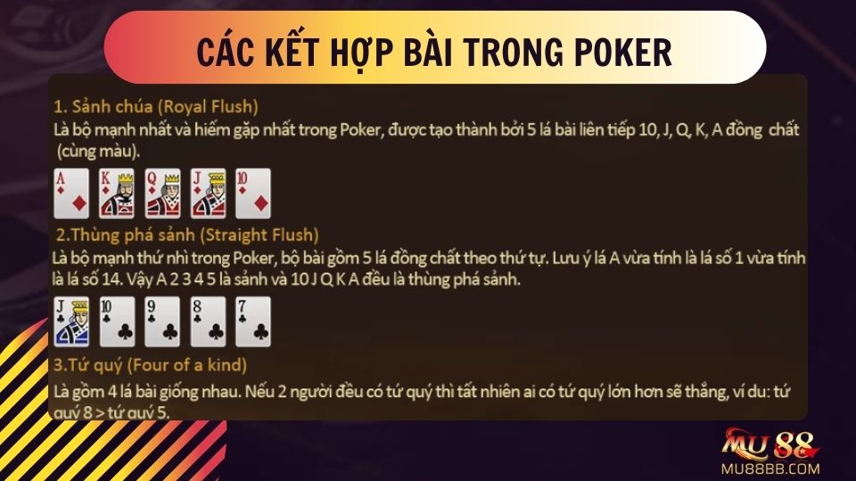 Các tay bài trong game bài Poker Mu88